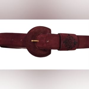 Vintage Burgandy Leather Belt with Black Stitching Embroidery at Front